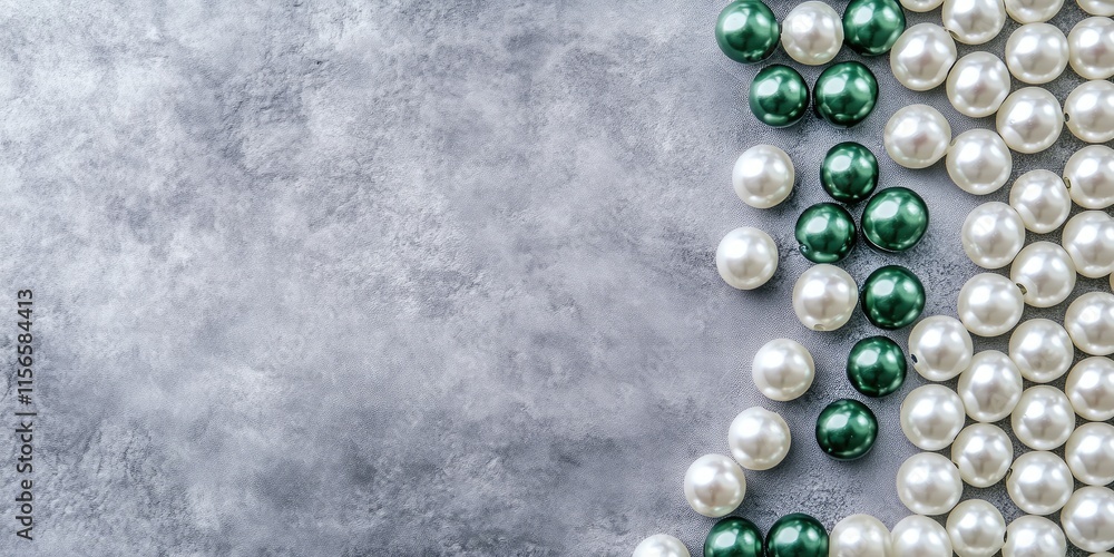Poster elegant display of white and green pearl beads on grey background with ample copy space for text in 
