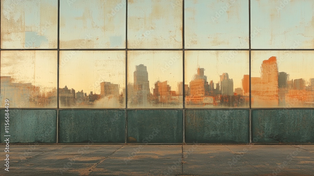 Aufkleber urban skyline reflection on a weathered building wall featuring tinted windows and ample copy space 