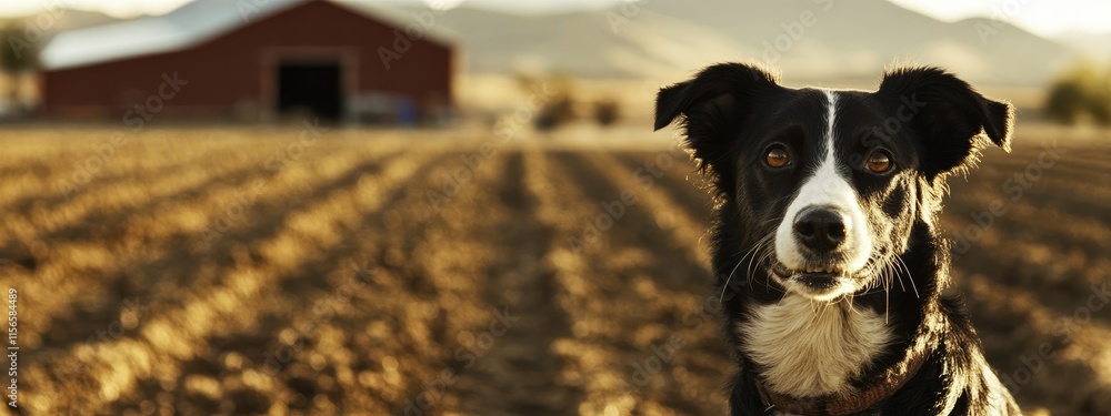 Poster dog in a date farm field with a blurred barn in the background and ample empty space for text and pr