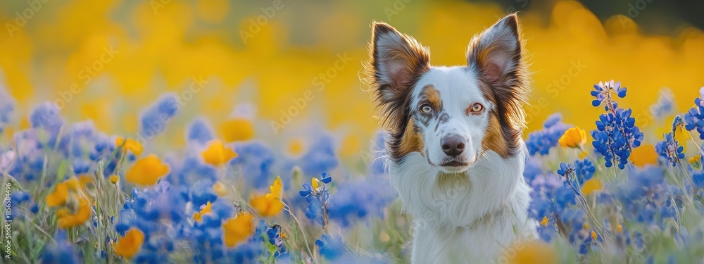 Poster dog surrounded by vibrant blue and yellow flowers in a bokeh field setting with ample space for text