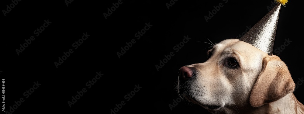 Poster confused dog in party hat isolated on black background with empty space for text and design elements