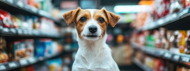Dog looking expectantly at the store aisle surrounded by pet food with ample copy space for promotional or informational text