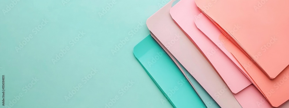 Poster minimalist flat lay of organized document folders in soft pastel colors on a green background with a