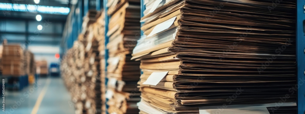 Poster stacks of documents in an industrial warehouse setting with blank space for text or graphics
