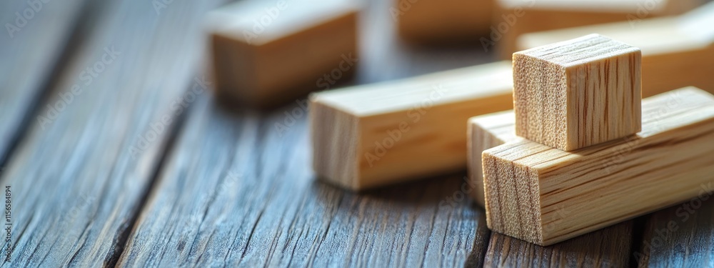 Poster wooden building blocks on rustic table with empty space for documentary text or creative projects