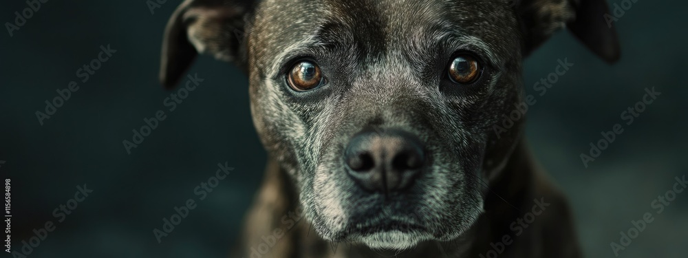Poster playful senior dog portrait highlighting expressive wrinkles with ample empty space for text and mes