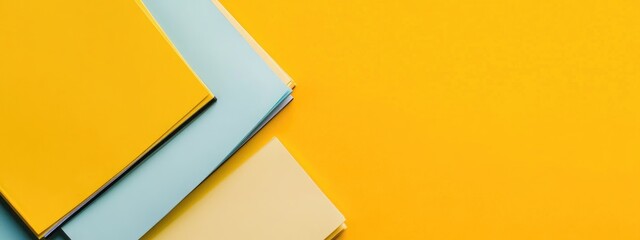 Colorful business reports and documents stacked on a vibrant yellow background with ample copy space for your text and design needs