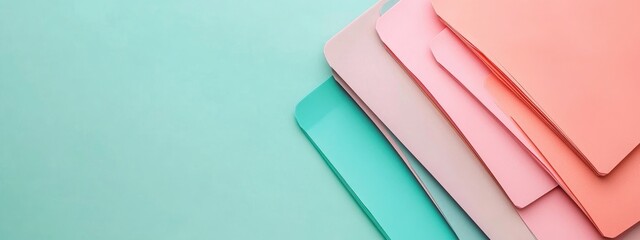 Minimalist flat lay of organized document folders in soft pastel colors on a green background with ample copy space for text and designs.