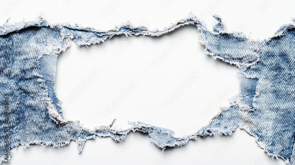 Poster denim fabric tear on white background creating a frame for text with a distressed texture and empty 