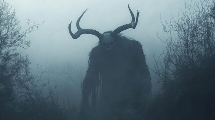 Eerie demonic figure looming in misty forest with ample empty space for crepuscular text additions