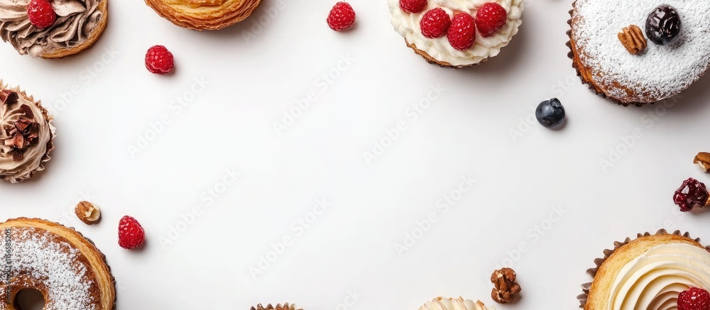 Aufkleber assorted gourmet pastries and cakes with vibrant toppings on a neutral background with ample space f