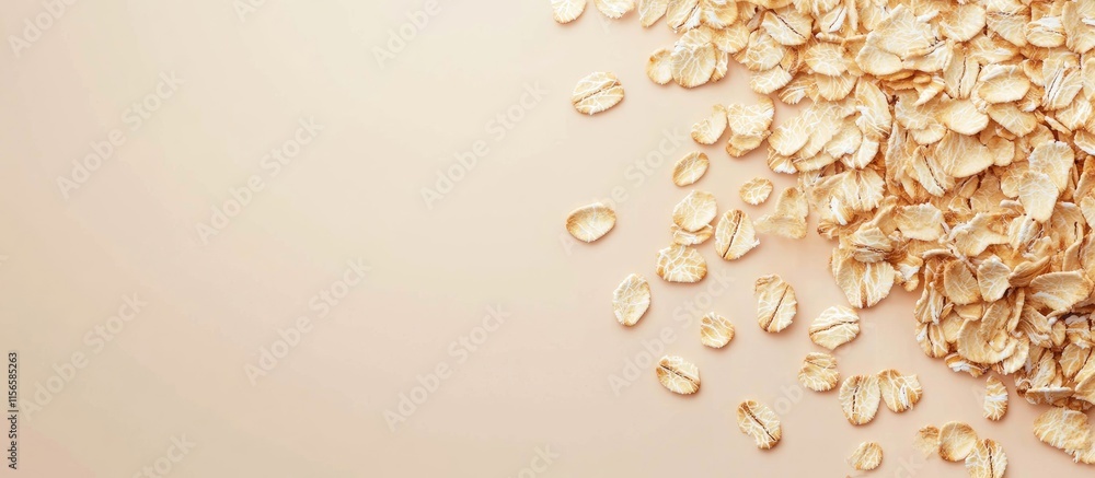 Poster toasted oat flakes on a neutral background with ample empty space for creative text and branding pur