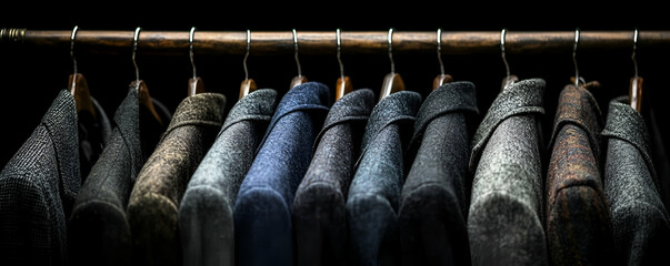 Men's Tweed Jackets, A Stylish Collection Hanging Elegantly on Wooden Rack, Showcasing Diverse Textures and Colors.