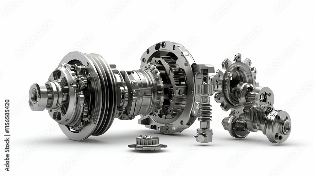 Poster complex metal gear system, precision engineering in motion, showcasing intricate components assemble