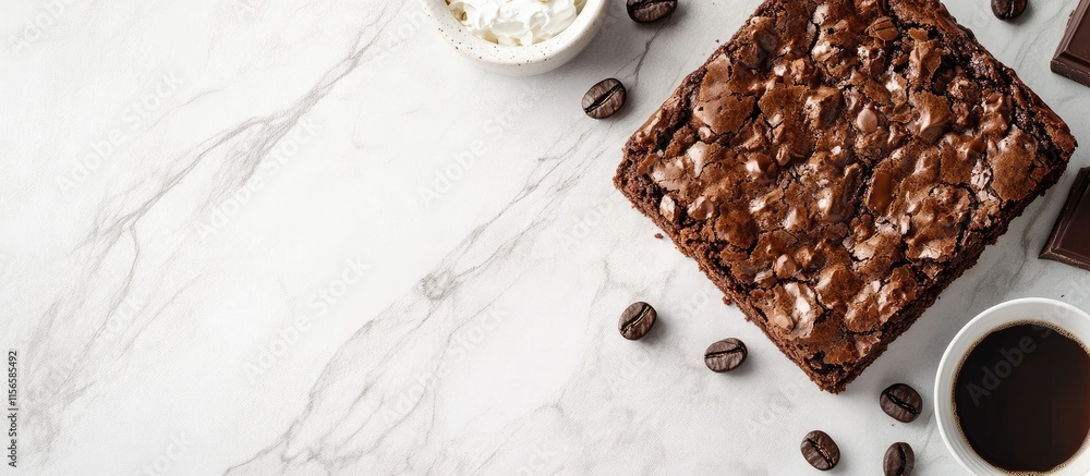 Poster homemade chocolate brownie on marble surface with coffee beans and cocoa powder providing a perfect 