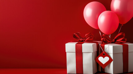 Valentine Day gifts with red balloons and heart tags create festive atmosphere. Perfect for celebrating love and affection with special presents