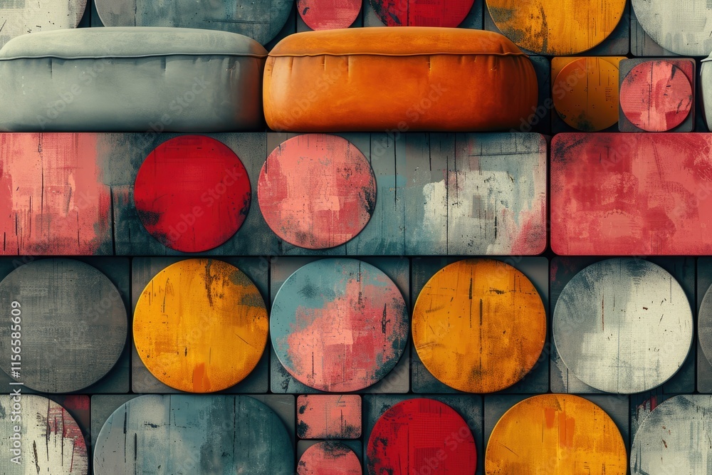 Poster a colorful wall featuring circular patterns and cushions, creating a vibrant and modern aesthetic.