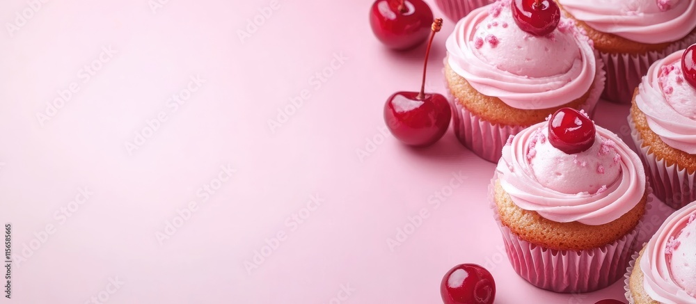Aufkleber cupcakes topped with pink frosting and cherries arranged on a soft pink background with empty space 
