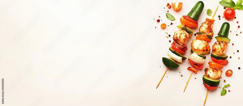 Poster grilled chicken kebab skewers with vibrant vegetables on a white background ideal for text placement