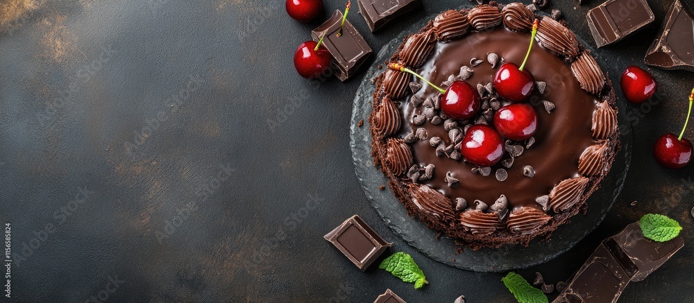 Aufkleber chocolate cake garnished with cherries and chocolate chunks on a dark background with space for text