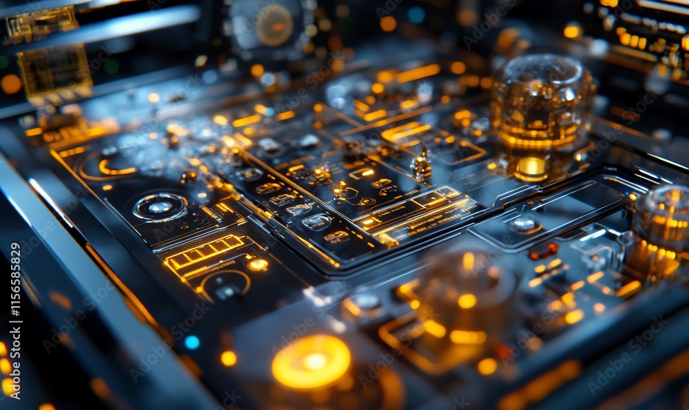 Poster a close-up of a futuristic circuit board with glowing elements and intricate details.