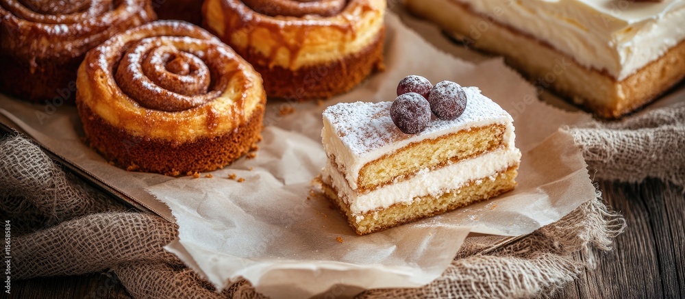 Poster assorted delectable cheesecakes and cinnamon rolls on parchment paper with rustic cloth backdrop inv