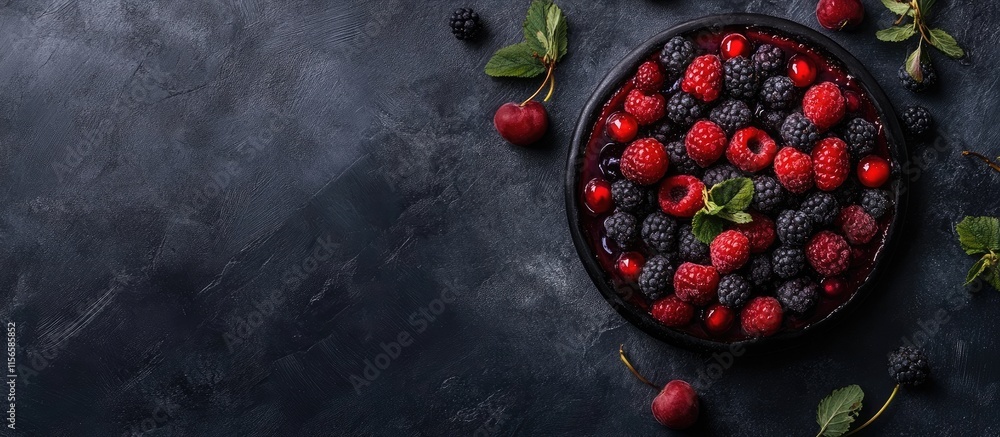 Poster cheesecake garnished with assorted berries placed on a dark textured background with ample space for