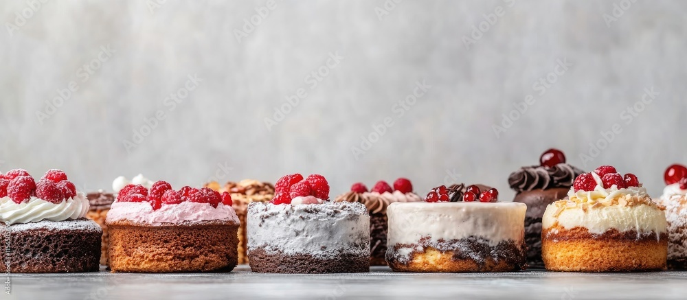 Poster assortment of beautiful cakes on display in a bakery with neutral background perfect for adding text