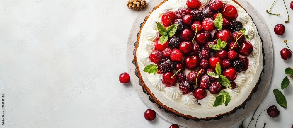 Poster fresh fruit and cherry topped cake on white background with empty space for text showcasing deliciou