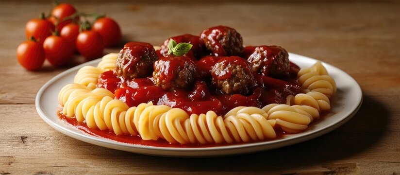 Delicious capeletini pasta with meatballs in rich tomato sauce garnished with grape tomatoes on a rustic wooden table ideal for Italian cuisine