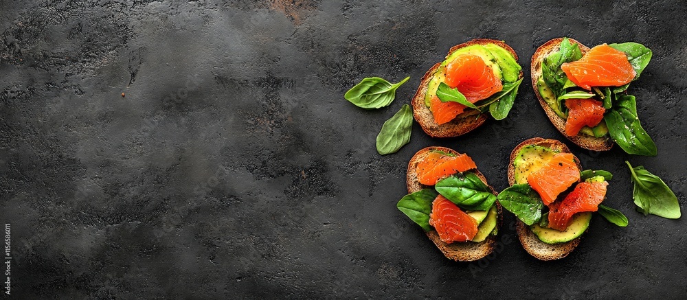 Poster bruschetta with avocado and smoked salmon on a dark background with ample space for text and design 