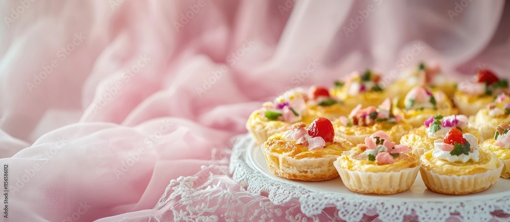 Aufkleber assorted bite-sized quiches with vibrant toppings on delicate lace with pastel background and ample 