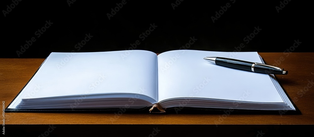 Poster copywriting workspace featuring an open notebook with blank pages and a pen ideal for creative writi