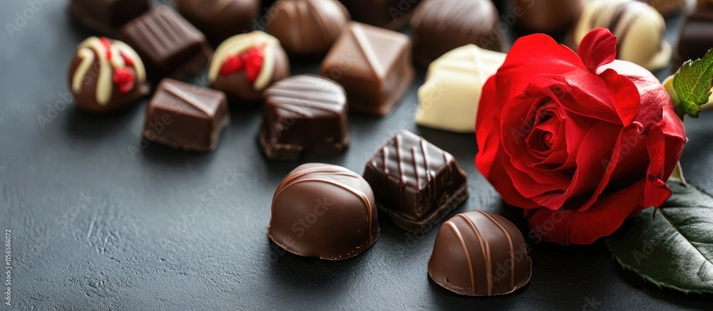 Poster assorted gourmet chocolates with a vibrant red rose and ample space for personalized text or message