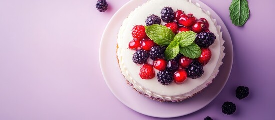 Delicious cake topped with fresh mint leaves and berries on a purple background with space for customizable text and branding.
