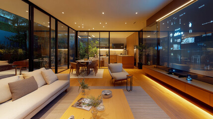 Hologram real estate sale. Holographic projection of the house. Flickering energy flux of particles.