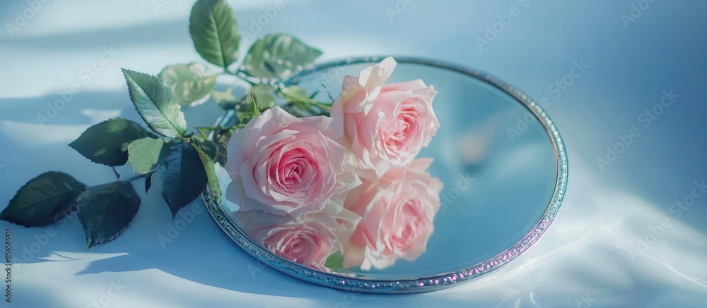 Poster delicate pink roses mirrored on a soft pastel background creating a romantic floral composition with