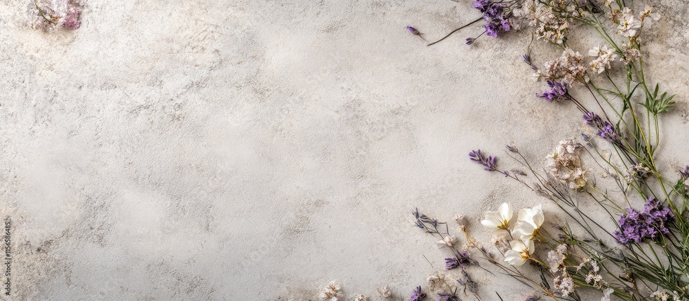 Poster elegant wildflower composition on soft grey background with petals and generous blank space for text
