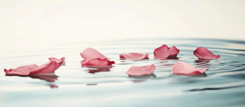 Elegant pink rose petals gently floating on calm water surface creating a tranquil atmosphere ideal for soothing backgrounds or text displays