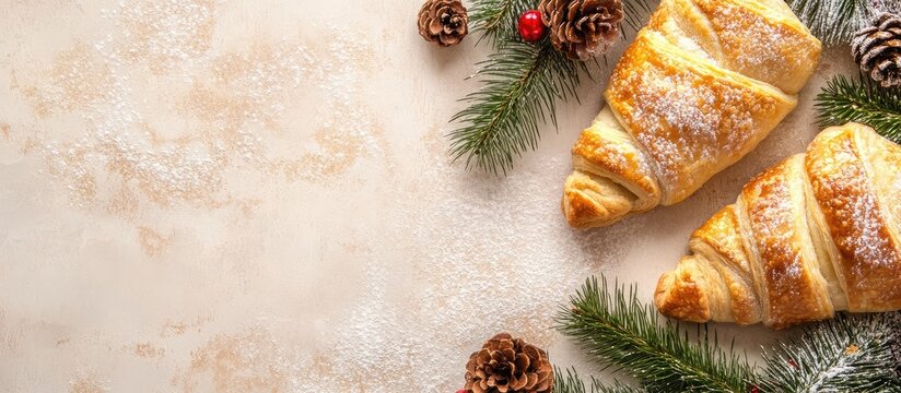 Delicious golden pastries on festive background ideal for Christmas advertising and seasonal promotions