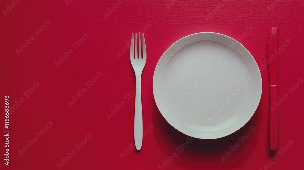 Poster culinary challenge with minimalist plate fork and knife on bold red background for creative text des