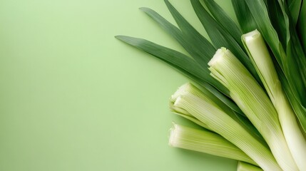 Obraz premium Fresh Leeks Arranged on Green Background with Copy Space Ideal for Culinary Promotions and Healthy Recipe Ideas