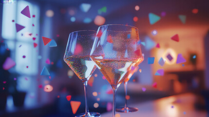 A hologram of a house party. Champagne glasses made of polygons, triangles of dots and lines. Champagne glasses are low-poly compound structure. Technology concept vector.