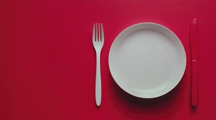 Culinary Challenge with Minimalist Plate Fork and Knife on Bold Red Background for Creative Text Design and Marketing Use