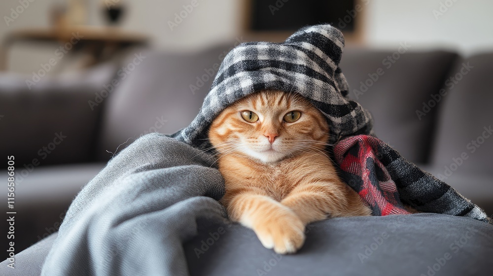 Poster cozy cat wrapped in blankets relaxing on a gray sofa with soft lighting and space for text in a mode