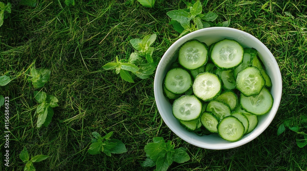 Poster freshly sliced cucumbers in a white bowl on green grass with ample empty space for text or marketing