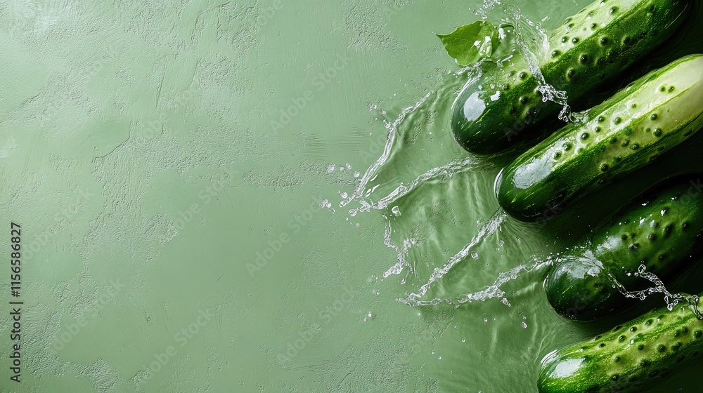 Poster fresh cucumbers splashing in water on green background with space for text and culinary presentation