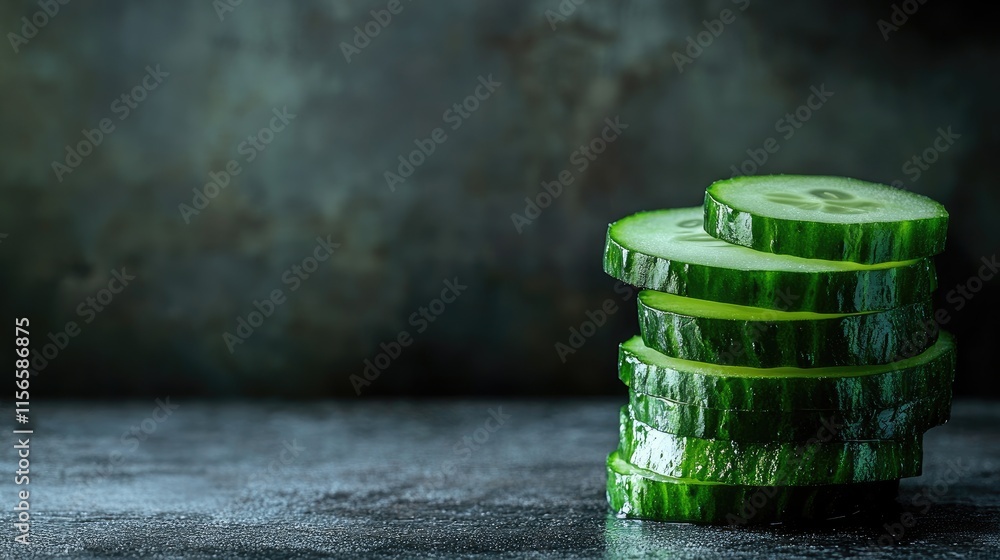 Poster vibrant cucumber slices stacked showcasing fresh green texture with intricate details against a dark