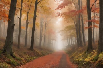 Fototapeta premium A natureal beauty of autumn alley with colorful leaves forming a tunnel