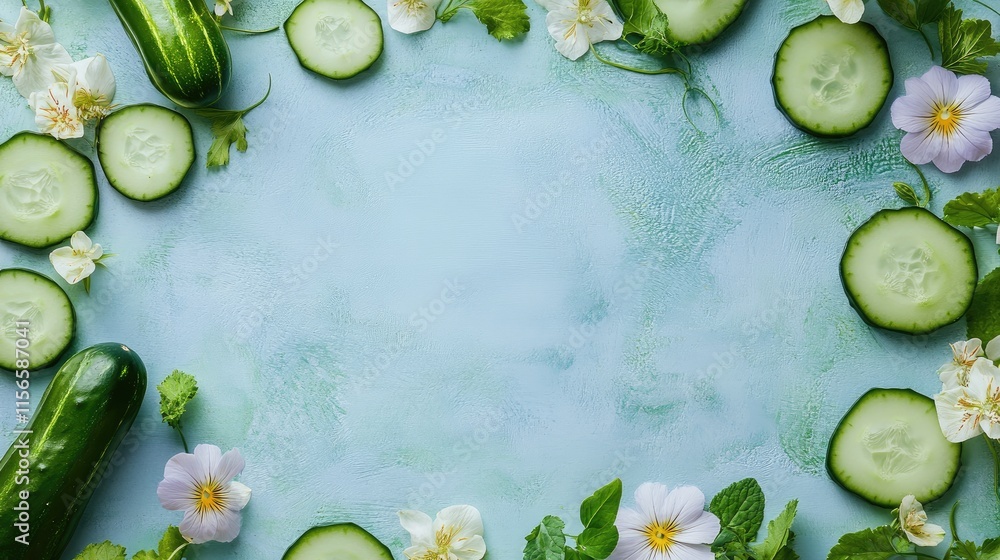 Poster cucumber and flower border design with fresh greens and empty space for text or branding on a light 
